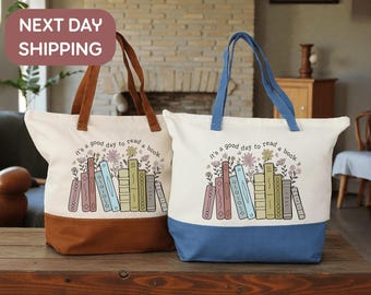 Its A Good Day To Read A Book Tote Bag, Book Lover Tote Bag, Reusable Cotton Tote Bag With Zipper And Inner Pocket