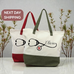 two tote bags with personalized names and medical-themed designs, placed against a backdrop of greenery.