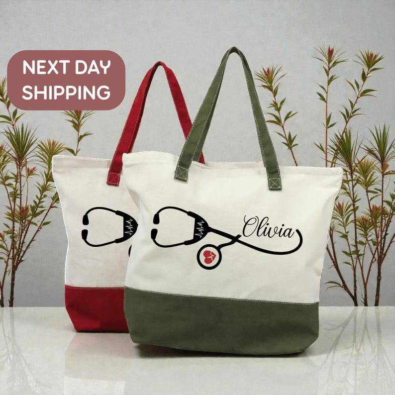 two tote bags with personalized names and medical-themed designs, placed against a backdrop of greenery.