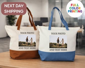 Custom Photo Tote Bag, Personalized Canvas Bag, Add Your Picture And Text, Full Color Print Gift