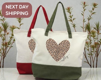 Personalized Leopard Heart Tote Bag, Custom Name Heart Print Tote Bag, Cheetah Heart Gift Bag, Animal Print Lover Gift Tote Bag for Women