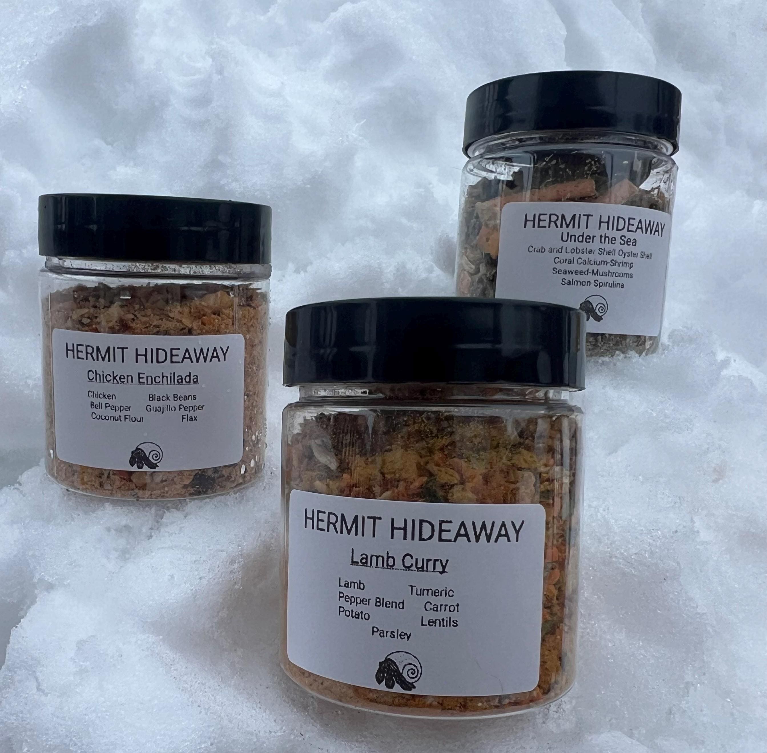 Complete Meal Trio Jars Hermit Crab Food- Set of 3- Lamb Curry, Chicken Encilada, Under The Sea- crab, lobster, flax, shrimp,peppers, carrot