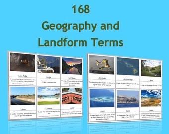 168 Geography and Landform Terms Flash Cards / 3 Part Montessori Cards