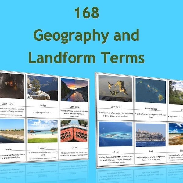 168 Geography and Landform Terms Flash Cards / 3 Part Montessori Cards