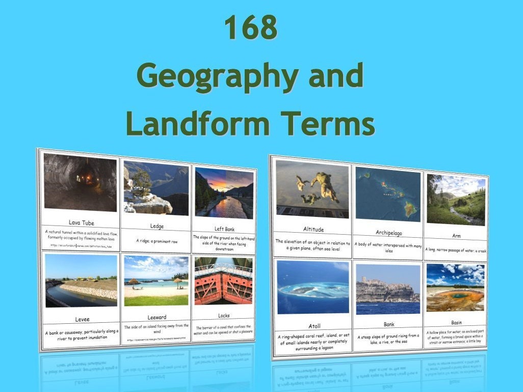 168 Geography and Landform Terms Flash Cards / 3 Part Montessori Cards