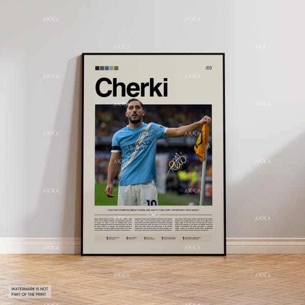 Pôster de Rayan Cherki, Arte de Parede do Manchester City, Impressão Decorativa emoldurada da Premier League.