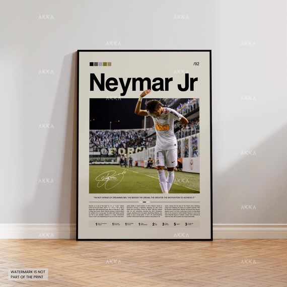 Neymar Jr Santos FC Poster, Vintage Football Art Print, Framed Wall Decor