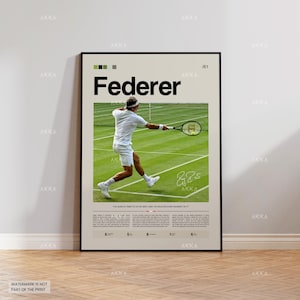 May include: A framed poster featuring Roger Federer in action on a tennis court. The poster has a cream background with the name "Federer" in large black letters. The image includes text and a signature.
