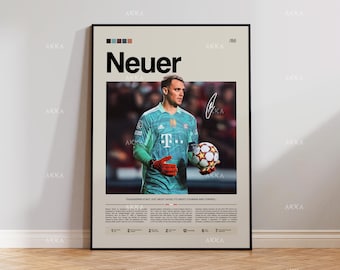 May include: Framed poster with a soccer player in a teal jersey holding a football. The poster has the name "Neuer" in large black letters and a signature. The background is a neutral beige colour.