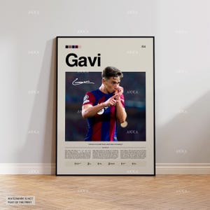 Puede incluir: Un póster enmarcado con una fotografía de Gavi, un futbolista, con la camiseta del Barcelona. El póster tiene un fondo beige con el nombre "Gavi" en letras negras grandes y una firma. El texto "I WOULD DO EVERYTHING, ANYTHING FOR BARCA."