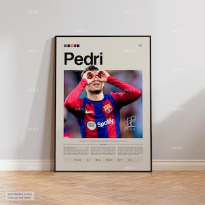 May include: A framed poster featuring a photograph of Pedri, a soccer player, making a gesture with his hands. The poster has a beige background with the name "Pedri" in large black letters. The Spotify logo is visible on the player's jersey.