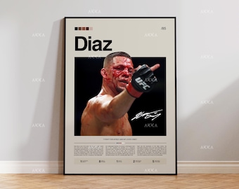 May include: Poster featuring a mixed martial artist, with the name "Diaz" in bold letters. The image shows the athlete with blood on his face, wearing a UFC glove, and giving a gesture. The poster has a neutral background and a black frame.