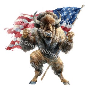 Può includere: Illustrazione ad acquerello di un bisonte che tiene la bandiera americana. Il bisonte ha una corporatura muscolosa e un'espressione determinata. La bandiera sventola sullo sfondo, con strisce rosse e bianche e stelle blu.