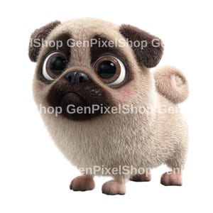 May include: A 3D-rendered pug dog with large, expressive brown eyes and a slightly sad expression. The dog has a tan and brown coat, with darker brown ears and a black nose. The pug is standing on all fours against a white background.