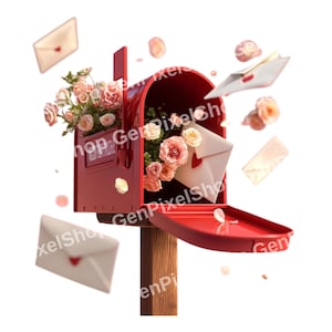 May include: A red mailbox overflowing with pink roses and envelopes with heart seals. Several envelopes and rose petals appear to be floating around the mailbox. The mailbox is mounted on a wooden post.