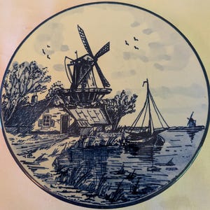 May include: A round ceramic decorative plate featuring a blue and white ink-style illustration of a Dutch landscape. The scene depicts a traditional windmill, a thatched-roof cottage, a sailboat on the water, and birds in the sky.