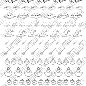 Puede incluir: Hoja de pegatinas en blanco y negro con temática de Halloween, con murciélagos, sombreros de bruja, escobas, botellas de pociones y calderos. Las pegatinas están delineadas en negro y dispuestas en filas.