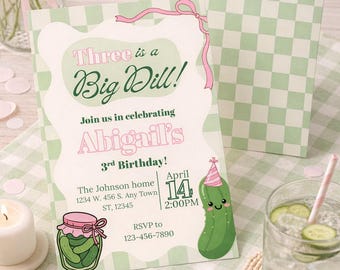 Invitación personalizable de cumpleaños de Big Dill / Descarga digital / Edad personalizada / Tema de fiesta de pepinillos / Niña, lazo, damas / Editar con Canva