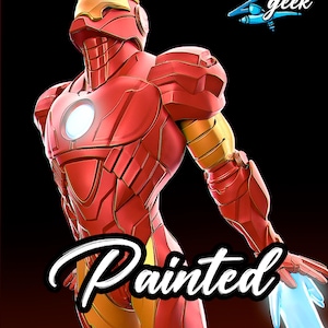 May include: A red and gold Iron Man suit with the word "Painted" in white script. The suit has a glowing chest piece and blue energy beams emanating from the hands. The background is black with the "Z-geek" logo.