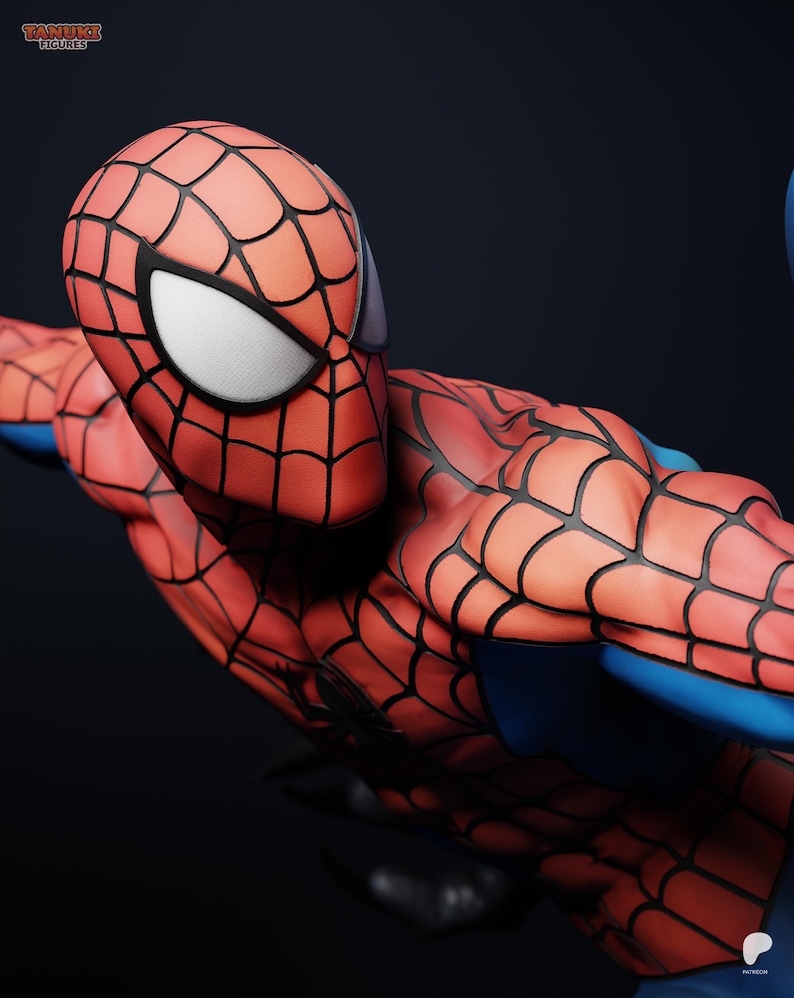 May include: A detailed figurine of Spider-Man in a dynamic pose. The figure features a red and black webbed suit with blue accents. The eyes are white, and the overall design is highly detailed.