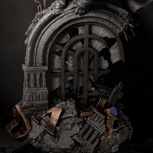 May include: A detailed statue depicting a crumbling architectural structure with a broken arched window. The statue features a figure in a dark coat and boots, perched atop the structure. The color palette is primarily gray, brown, and bronze, with a Rubik's Cube visible.