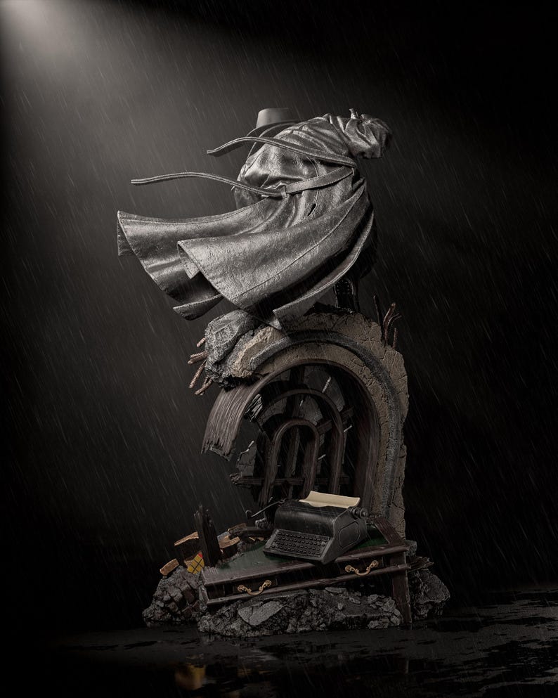 May include: A detailed statue of a figure in a long coat and hat, standing atop a crumbling structure with a vintage typewriter. The statue is dark gray, with a dramatic pose, set against a rainy backdrop. The overall theme is mysterious and gothic.