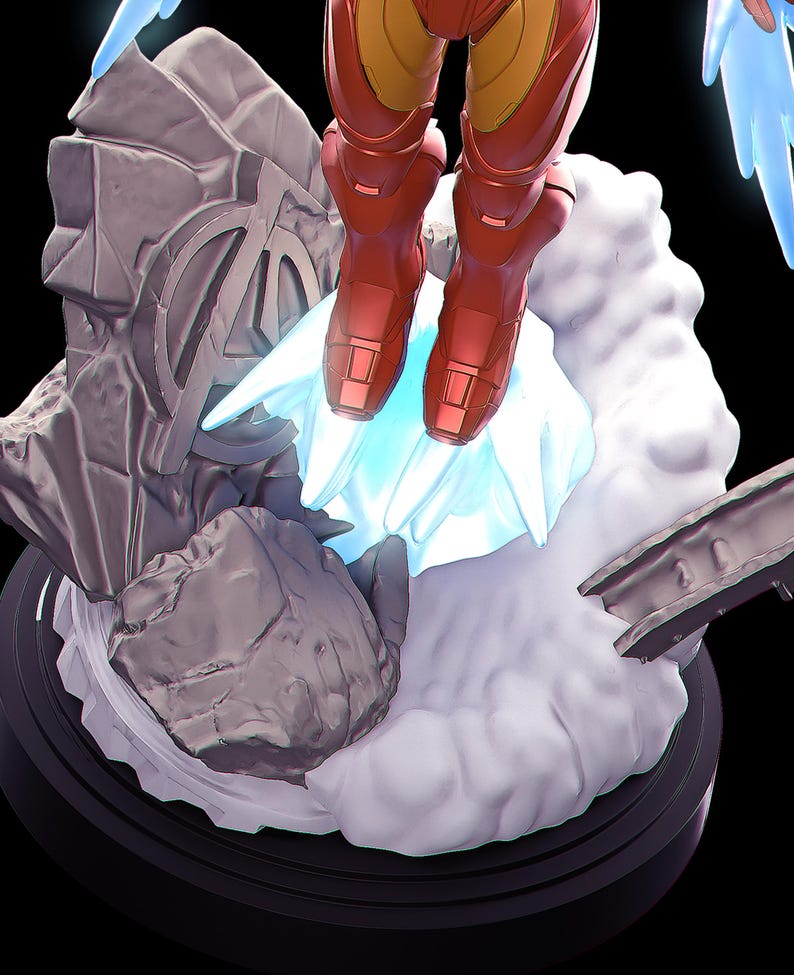 May include: A detailed figurine of a superhero in a red and gold suit, hovering above a cloud-like base. The base features a rock formation and the Avengers logo. The figure is on a black circular base with blue light effects.