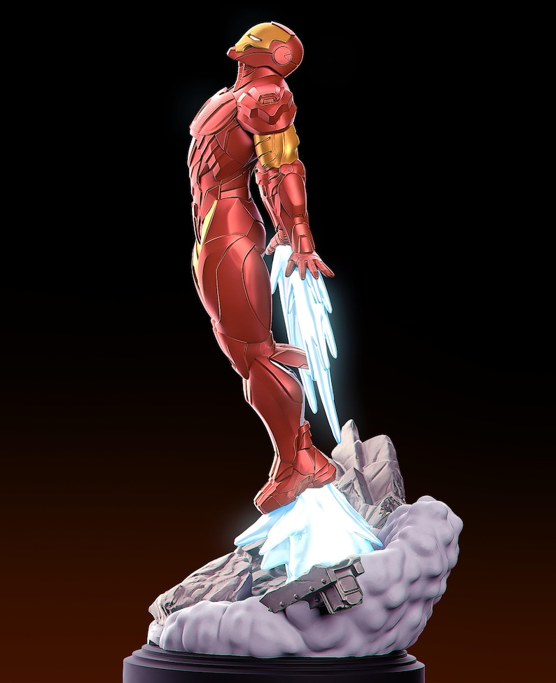 May include: A red and gold Iron Man figurine in a dynamic pose, with blue energy effects emanating from the feet and hands. The figure is standing on a rocky base with a black pedestal, set against a dark background.
