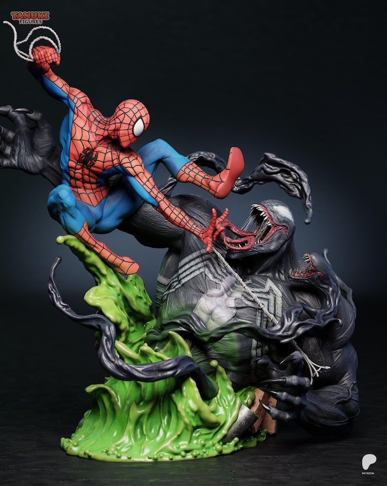 May include: A detailed figurine depicting Spider-Man in a dynamic pose, battling Venom. Spider-Man is in his classic red and blue suit, while Venom is a menacing black figure with a large mouth. The base features green and black elements.
