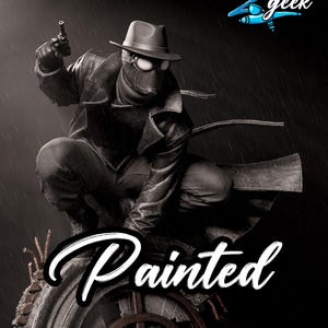 May include: A black and white painted figure of a character in a trench coat, fedora, and goggles, holding a gun. The word "Painted" is written in white script across the bottom. The Z-geek logo is in the upper right corner.