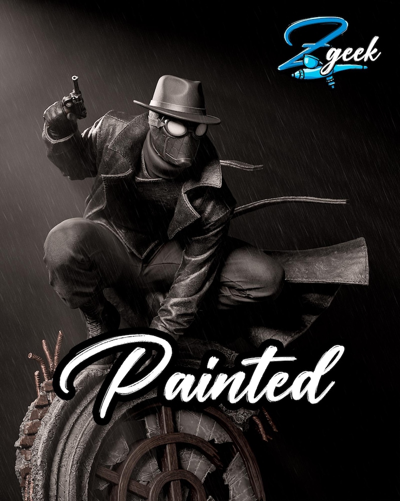 May include: A black and white painted figure of a character in a trench coat, fedora, and goggles, holding a gun. The word "Painted" is written in white script across the bottom. The Z-geek logo is in the upper right corner.