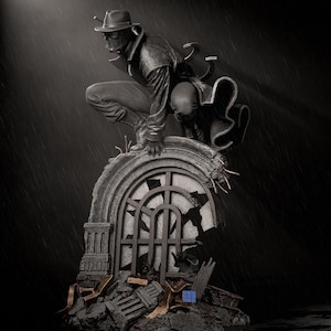 May include: A black and white statue of a figure in a hat and long coat, crouching on a broken stone structure. The figure is wearing a mask and appears to be looking down. The background is dark with a rain effect.