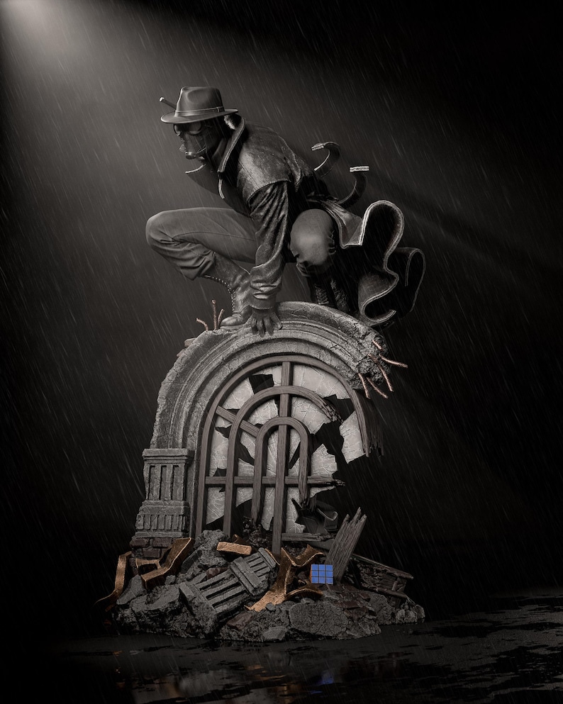 May include: A black and white statue of a figure in a hat and long coat, crouching on a broken stone structure. The figure is wearing a mask and appears to be looking down. The background is dark with a rain effect.