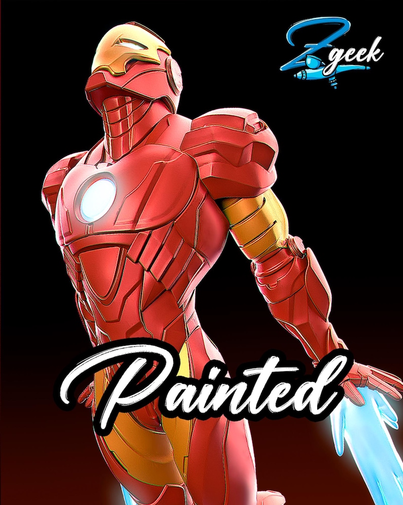 May include: A red and gold Iron Man suit with the word "Painted" in white script. The suit has a glowing chest piece and blue energy beams emanating from the hands. The background is black with the "Z-geek" logo.