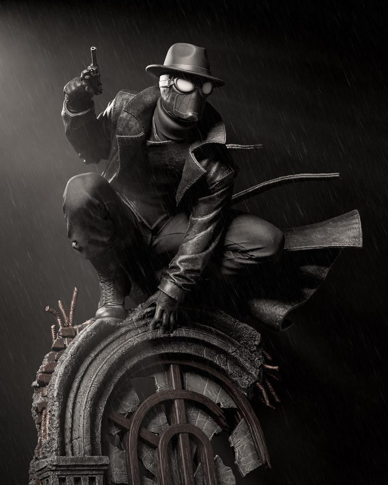 May include: A black and white statue of a character in a fedora, goggles, and a long coat, holding a gun. The figure is crouched on a stone structure with a broken window, with rain falling in the background.