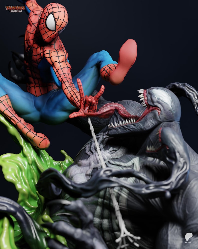 May include: A dynamic figurine featuring Spider-Man in a red and blue suit, mid-action, facing off against Venom. Venom is depicted in black and gray with a long tongue and sharp teeth. Green liquid and a web complete the scene.