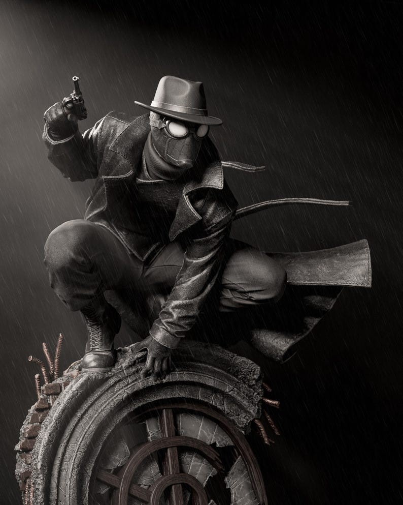 May include: A black and white statue of a character in a fedora, goggles, and trench coat, holding a gun. The figure is crouched on a weathered, circular structure, with rain falling in the background. The statue has a vintage, noir aesthetic.