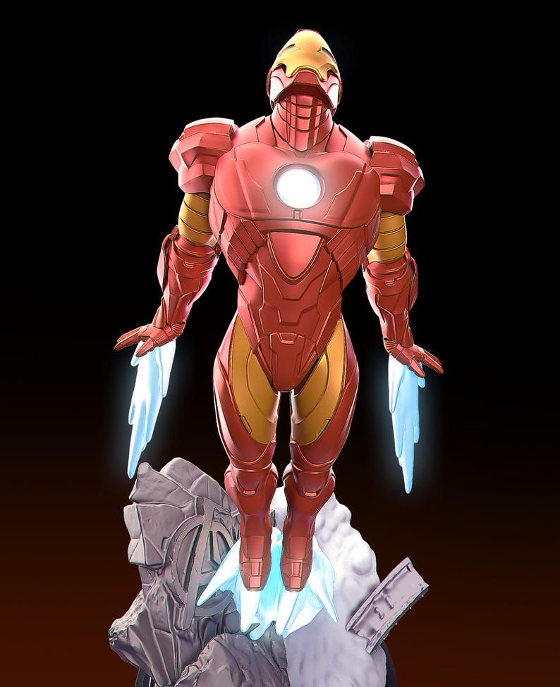 May include: A red and gold Iron Man figure in a dynamic pose, with blue energy effects emanating from the hands and feet. The figure is standing on a rocky base with a glowing arc reactor in the chest. The background is black.