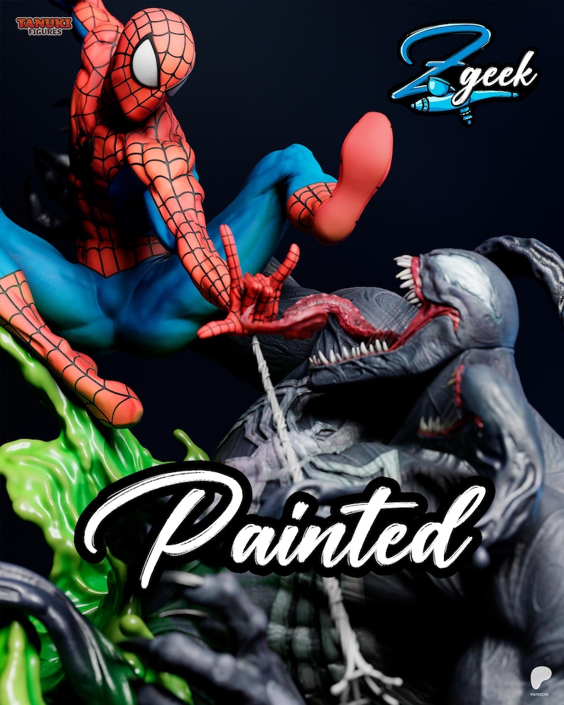 May include: A dynamic, painted figurine featuring Spider-Man in a red and blue suit, battling Venom. The figure has a detailed design, with a green, liquid-like substance and the word "Painted" in white.