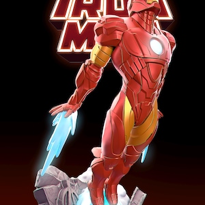 May include: A red and gold Iron Man figure in a dynamic flying pose, with blue energy effects emanating from the hands and feet. The figure is on a rocky base, and the Iron Man logo is visible in the background.