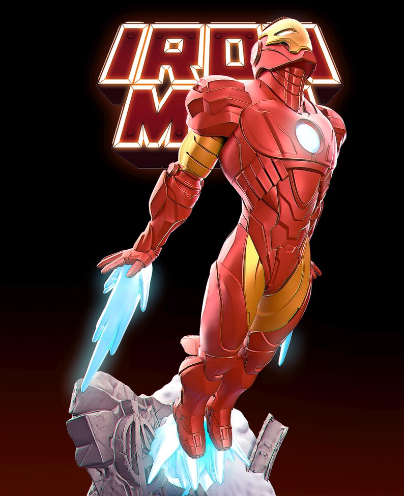 May include: A red and gold Iron Man figure in a dynamic flying pose, with blue energy effects emanating from the hands and feet. The figure is on a rocky base, and the Iron Man logo is visible in the background.