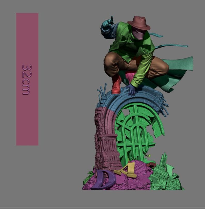 May include: A detailed figurine of a character in a green coat, brown hat, and pants, crouching on a colorful, partially destroyed structure. The figure is holding a gun. The structure is approximately 12.6 inches tall.