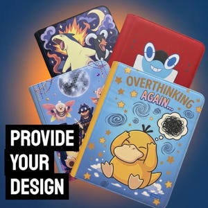 May include: Four rectangular binders with various graphic designs. One features a yellow creature with the text OVERTHINKING AGAIN, another shows a disco ball and characters, one displays a red cover with a blue face, and one shows fire creatures.