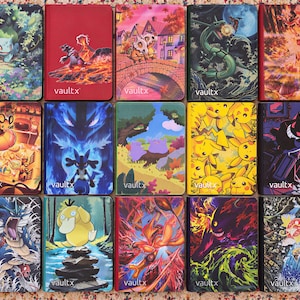 May include: A collection of fifteen rectangular trading card binders featuring various colorful character illustrations and the VaultX logo printed on the front covers. Each binder displays a unique scene, including creatures in natural landscapes, dark environments, and action-packed settings with vibrant artistic details.