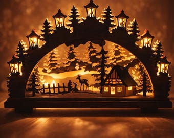 Wooden LED Arch Lamp, Forest Village Light Decor, Laser Cut MDF Lamp, Rustic Home Decor, Bedroom Night Light, Living Room Decoration