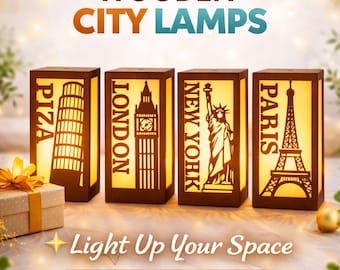 Woden City Lamp, Laser Cut Night Light, Paris London New York Pisa Decor, Travel Gift, LED Wooden Lantern, Home Decor Light