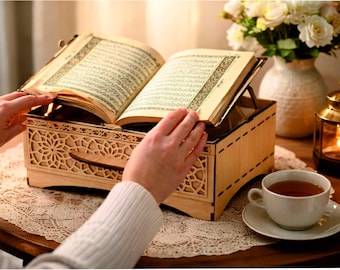 Gegraveerde houten koranstandaard en -doos (PDF) – Elegant islamitisch ontwerp (DXF) – Digitale download