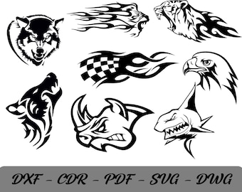 Set of 40 geometric animals in SVG, DXF, EPS, AI, PDF, JPG, PNG grayscale engraving vector image CNC cut