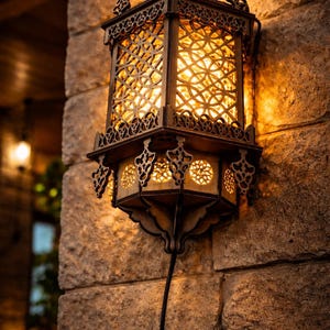 May include: An antique-style wall lantern in a bronze finish, featuring detailed geometric fretwork. The lit lantern emits a warm light, highlighting the decorative cutouts. It's mounted on a textured stone wall, offering a classic, vintage aesthetic.