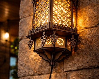 Moroccan Laser-Cut Wooden Wall Sconce | Handcrafted Oriental Wall Lamp | Boho Wall Decor | Ambient Lamp for Living Room or Bedroom